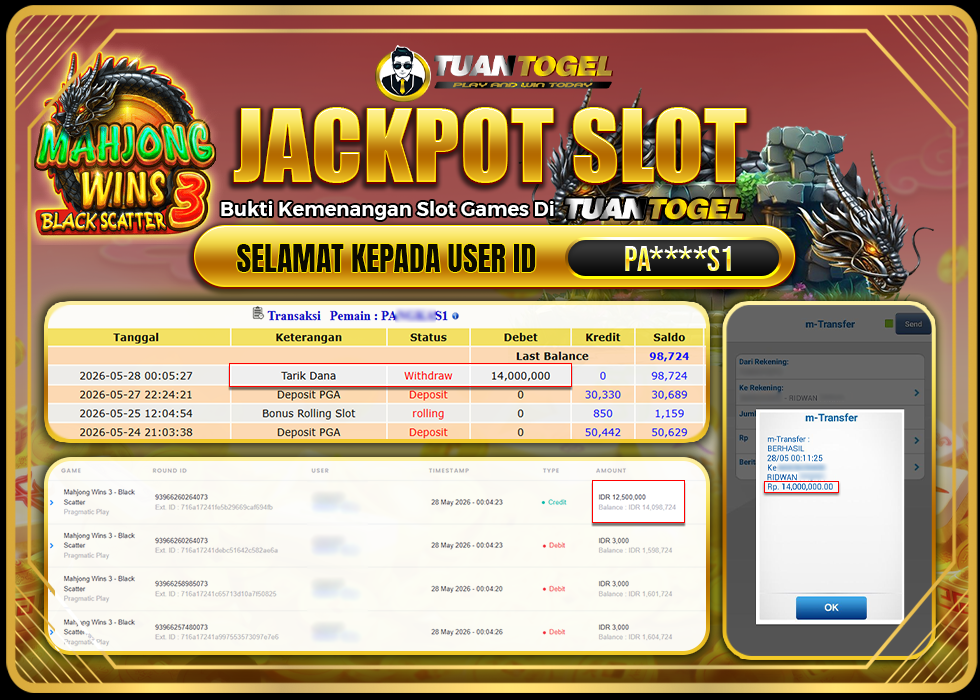 TUANTOGEL JACKPOT SLOT MAHJONG WINS 3 -BLACK SCATTER Rp14.000.000,- LUNAS